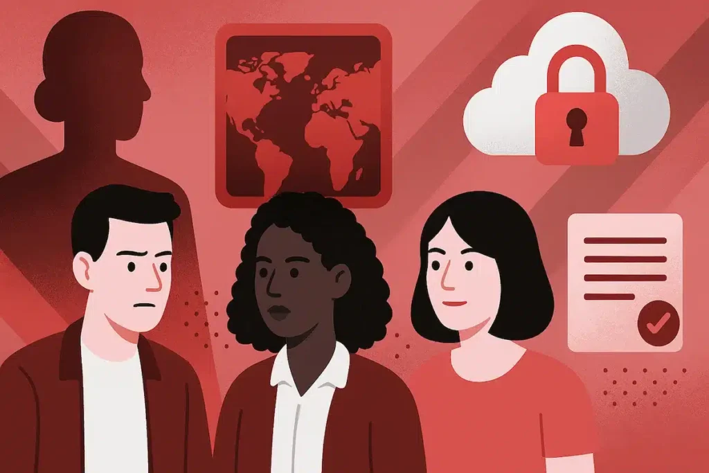 Ilustración de desafíos en ciberseguridad. Tres personas diversas en primer plano representan la brecha de habilidades en equipos de seguridad. Al fondo, íconos de un mapa global, una nube con candado y un documento con verificación simbolizan la exposición digital, las regulaciones transfronterizas y la necesidad de cumplimiento normativo.