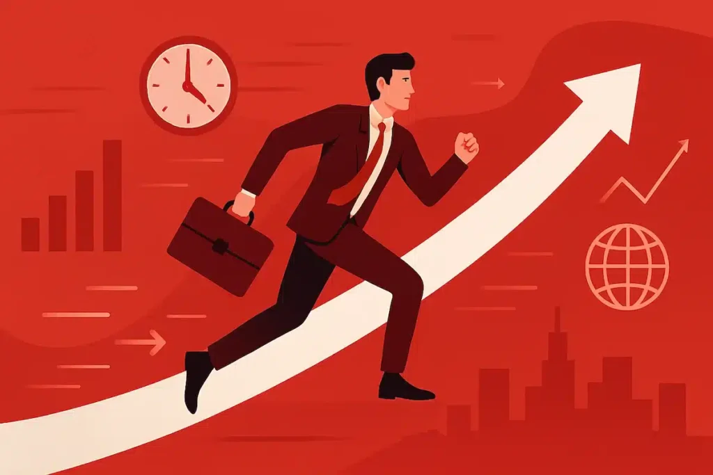 Ilustración de un ejecutivo corriendo sobre una flecha ascendente, simbolizando el crecimiento y la agilidad empresarial en un entorno competitivo. El fondo en tonos rojos incluye íconos de reloj, gráficas y ciudad, representando velocidad, progreso y globalización.