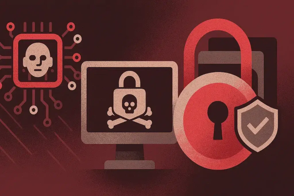 Ilustración conceptual sobre ciberseguridad. Incluye un microchip con rostro humano (símbolo de inteligencia artificial), un monitor con un candado y calavera (ransomware), y varios candados sobrepuestos con un escudo de verificación, representando arquitecturas Zero-Trust y protección de sistemas críticos.