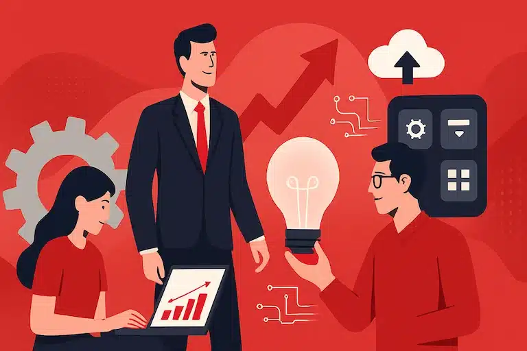 Imagen ilustrativa de tres profesionales colaborando con tecnología en un entorno digital. Incluye elementos como una bombilla de ideas, un engranaje, un gráfico ascendente y una nube, representando la sinergia entre innovación y transformación digital en empresas modernas.