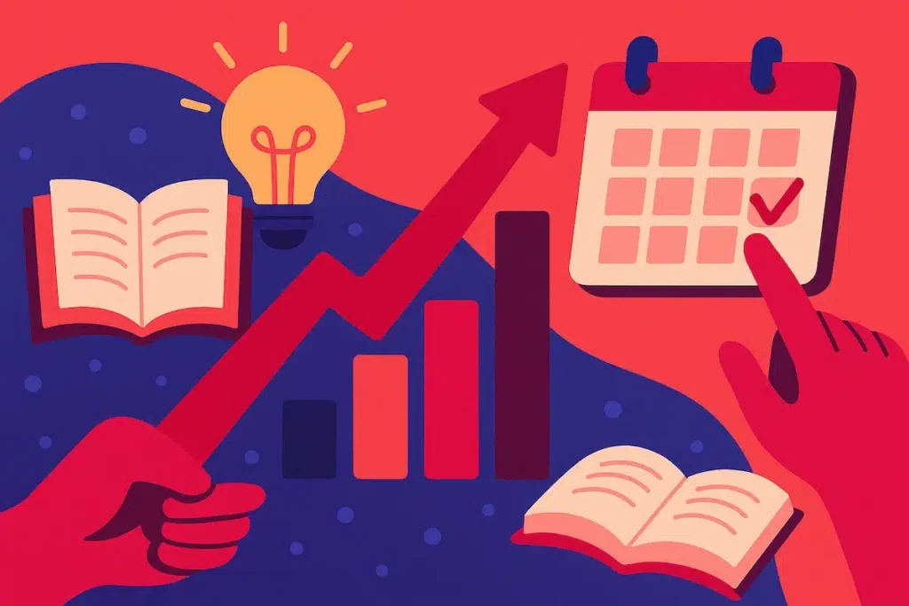 Ilustración digital colorida y dinámica que representa conceptos de gestión, planificación y aprendizaje. Incluye una mano sosteniendo una flecha ascendente, libros abiertos, una bombilla encendida, un calendario con una marca de verificación y una gráfica de barras, todo sobre un fondo con formas onduladas en tonos rojos, fucsias, azules y naranjas.