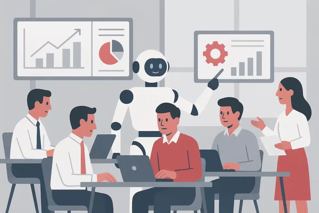 Ilustración de una oficina donde empleados trabajan junto a un robot que presenta gráficos de datos, simbolizando la integración equilibrada de inteligencia artificial en las operaciones empresariales.