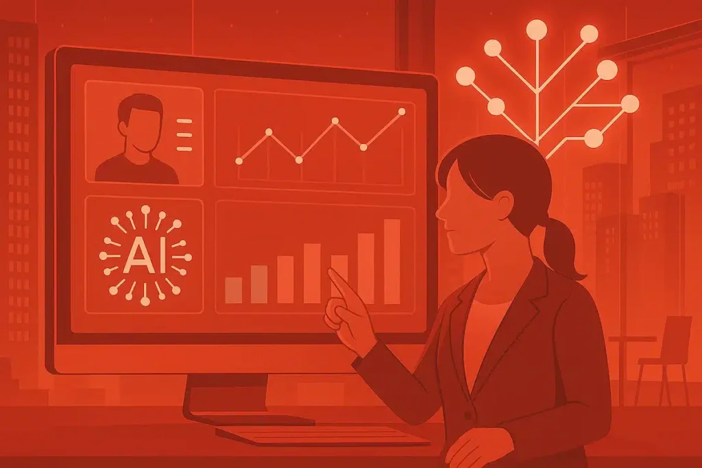 Una mujer en un entorno corporativo moderno interactúa con una pantalla de computadora que muestra gráficos, un avatar, y el símbolo de inteligencia artificial (IA). Detrás de ella, una estructura ramificada de nodos luminosos evoca una red neuronal. La imagen utiliza una paleta de tonos rojos con detalles blancos y grises, sugiriendo el uso de IA para personalizar la experiencia del cliente.