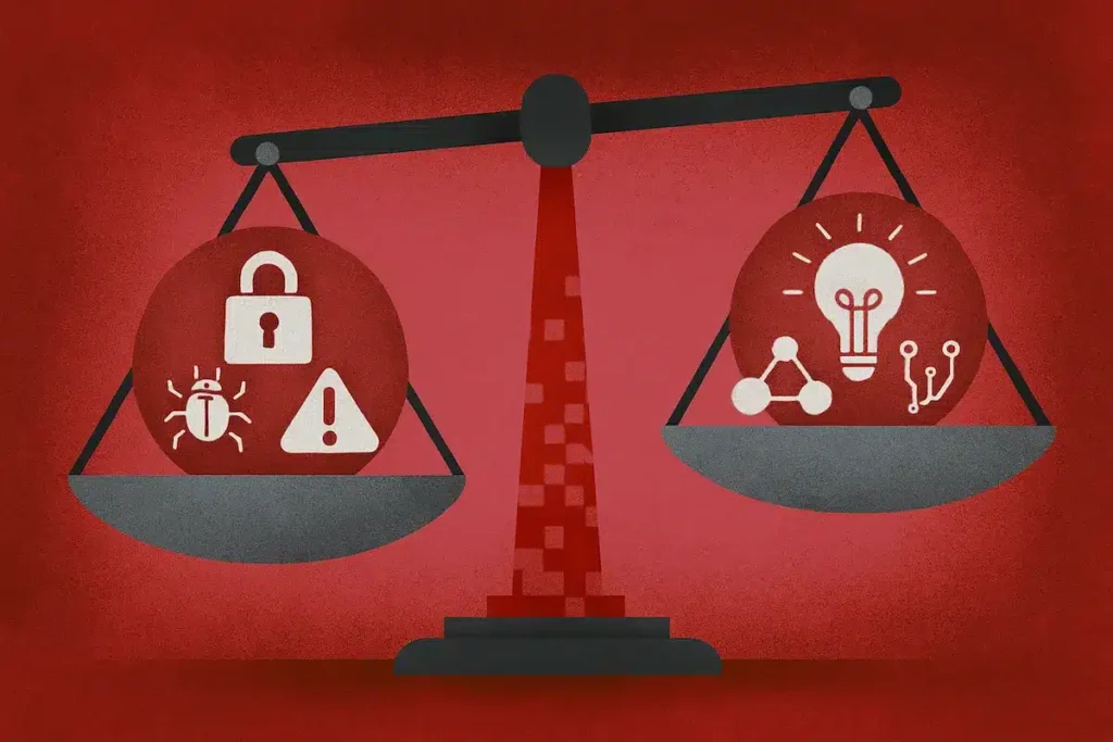 Balanza simbólica que representa el equilibrio entre los desafíos y las oportunidades de la transformación digital, con íconos de ciberseguridad e innovación sobre un fondo rojo y gris de estilo empresarial.