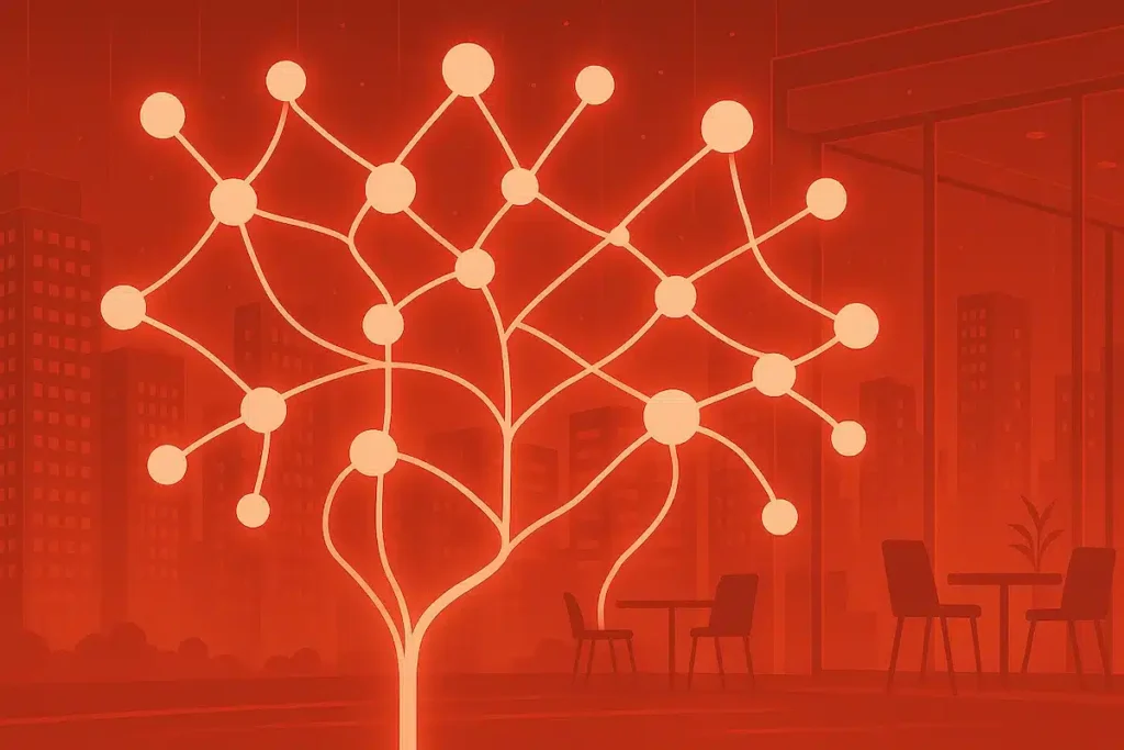 Ilustración de una red neuronal estilizada en forma de árbol, con nodos interconectados brillando en blanco sobre un fondo urbano nocturno. La escena, dominada por tonos rojos, transmite una atmósfera tecnológica y futurista en un entorno de oficina.