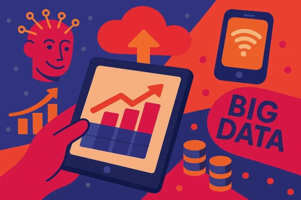Ilustración colorida que representa la transformación digital en los negocios, con elementos visuales como una mano sosteniendo una tablet con una gráfica ascendente, un ícono de inteligencia artificial, una nube con flecha de carga, un smartphone con señal Wi-Fi, bases de datos y el texto “Big Data” sobre un fondo en tonos fucsia, naranja, azul y rojo.