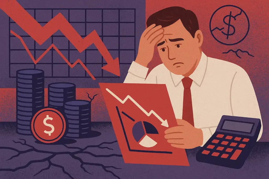 Ilustración de un hombre preocupado, revisando un informe financiero con gráficos en descenso. A su alrededor, símbolos de crisis económica como monedas apiladas, una calculadora y un gráfico en caída, todo en tonos rojos, azules, violetas y grises que refuerzan el ambiente de inestabilidad financiera.