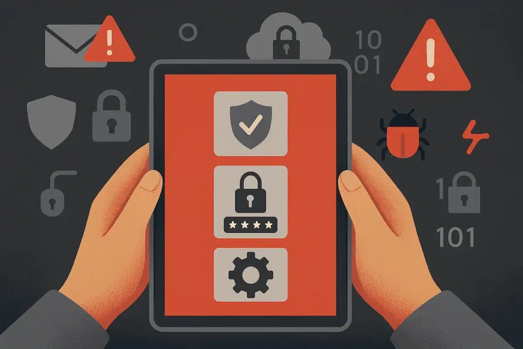 Ilustración de manos sosteniendo una tablet con íconos de seguridad digital como candados, engranajes y escudos, rodeada de símbolos de amenazas cibernéticas, representando medidas clave para prevenir ciberataques.