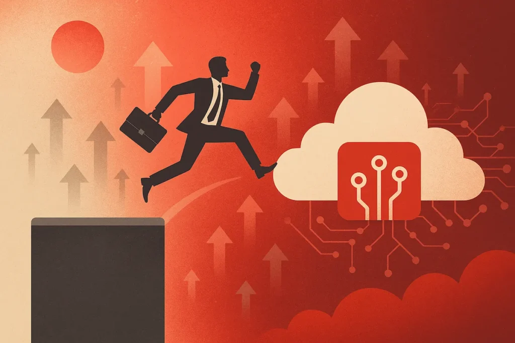 Ilustración digital estilizada que muestra a un ejecutivo con maletín saltando desde una plataforma gris hacia una nube tecnológica sobre un fondo en tonos rojos y beige. La nube está decorada con circuitos digitales, representando la transición de métodos tradicionales hacia la transformación digital.