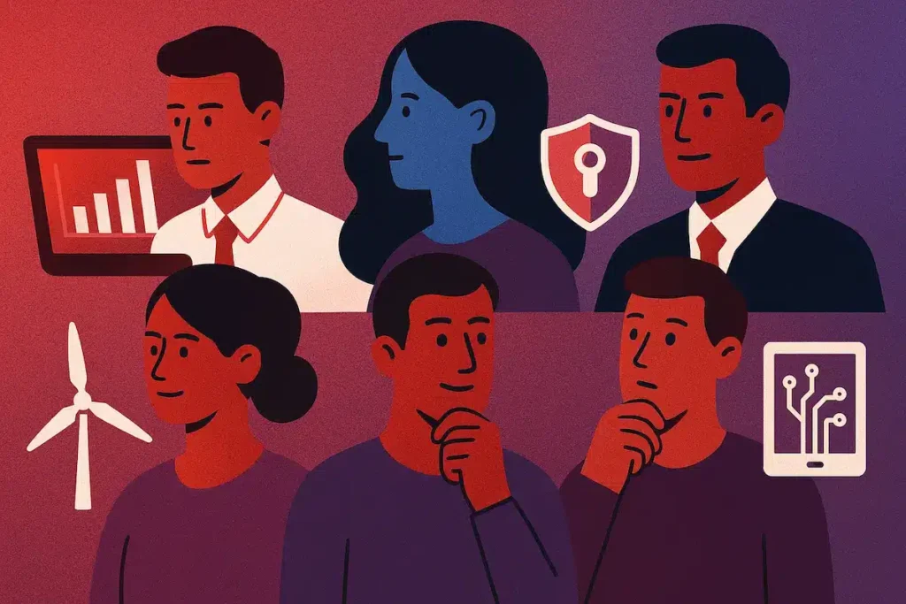 Ilustración de seis profesionales representando roles clave del futuro laboral: analista de datos con una gráfica, especialista en inteligencia artificial, experto en ciberseguridad con un ícono de escudo, profesional en energías renovables junto a un aerogenerador, y dos personas pensando, simbolizando habilidades blandas como pensamiento crítico, adaptabilidad y aprendizaje continuo.