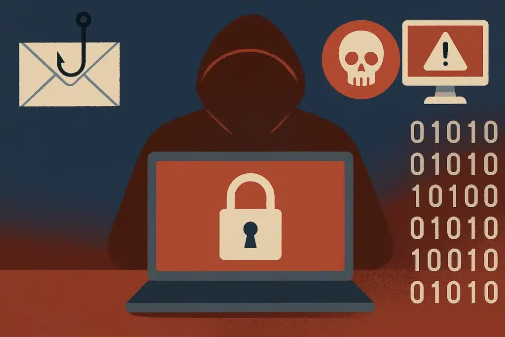 Ilustración de un ciberdelincuente encapuchado frente a una laptop con íconos de ciberamenazas como phishing, malware y advertencias de seguridad, representando el aumento de ataques digitales y la necesidad de protección de datos.