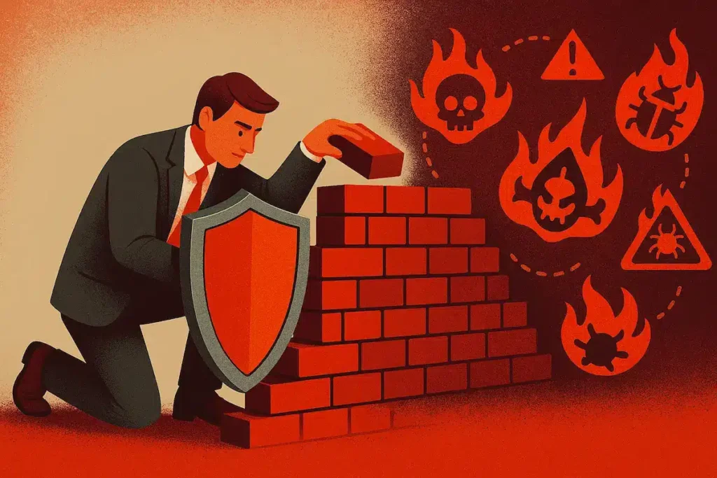 Ilustración digital de un hombre construyendo un muro de ladrillos para protegerse de amenazas cibernéticas, simbolizadas por iconos en llamas. Representa la transformación del riesgo en resiliencia organizacional.