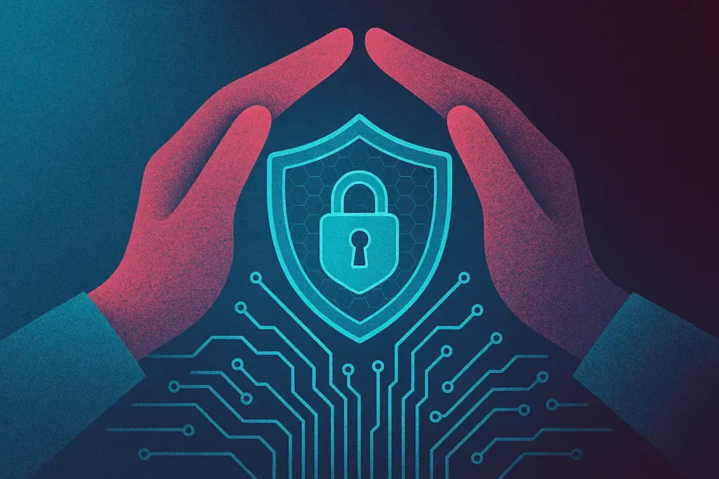 Ilustración conceptual de seguridad digital que muestra dos manos en tonos magenta formando una protección alrededor de un escudo cian con un candado en el centro. Debajo del escudo, un patrón de circuito electrónico representa la conexión tecnológica. La imagen utiliza una paleta de colores azul, magenta y púrpura para evocar la idea de resiliencia digital y defensa ante amenazas cibernéticas invisibles.